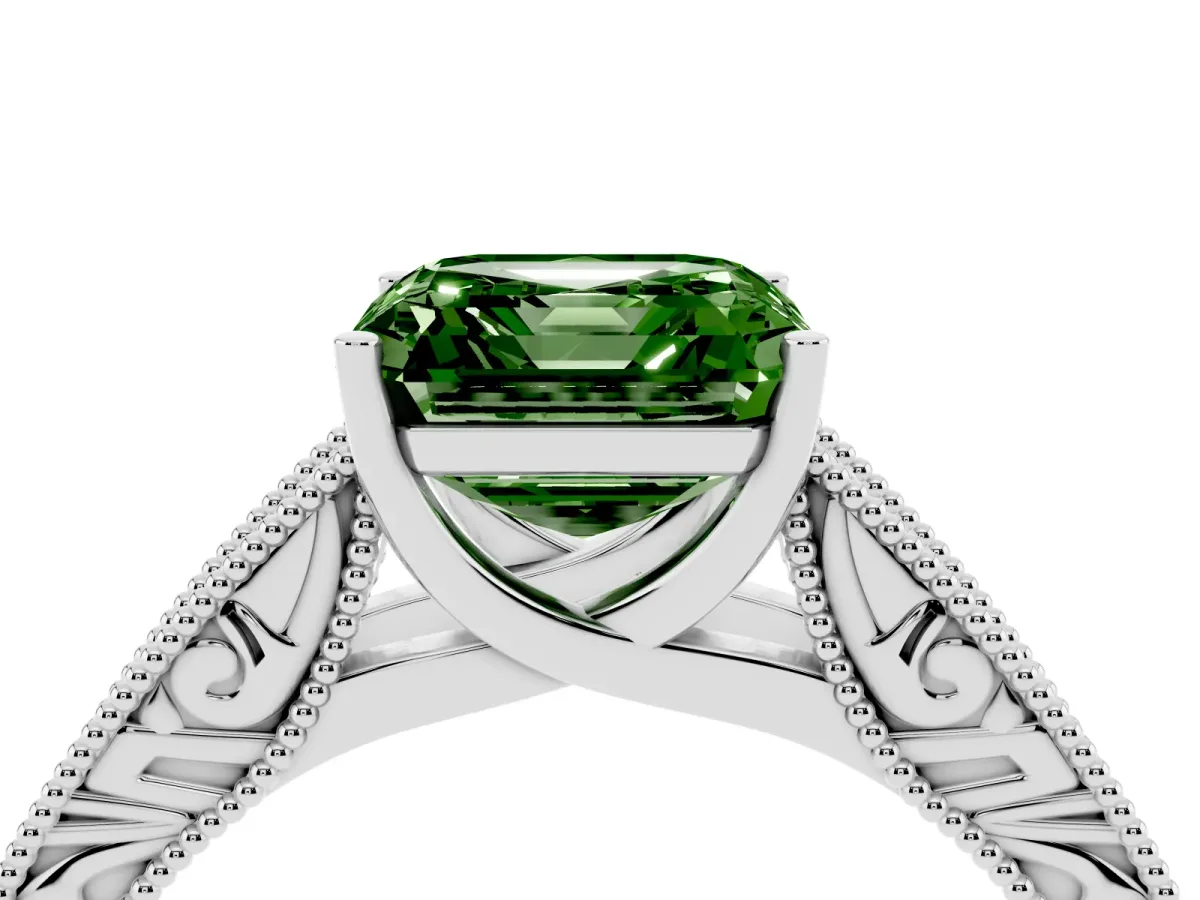 Fancy Green Asscher Cut Diamond Solitaire Ring with Engraved Band and Four-Prong Setting White gold