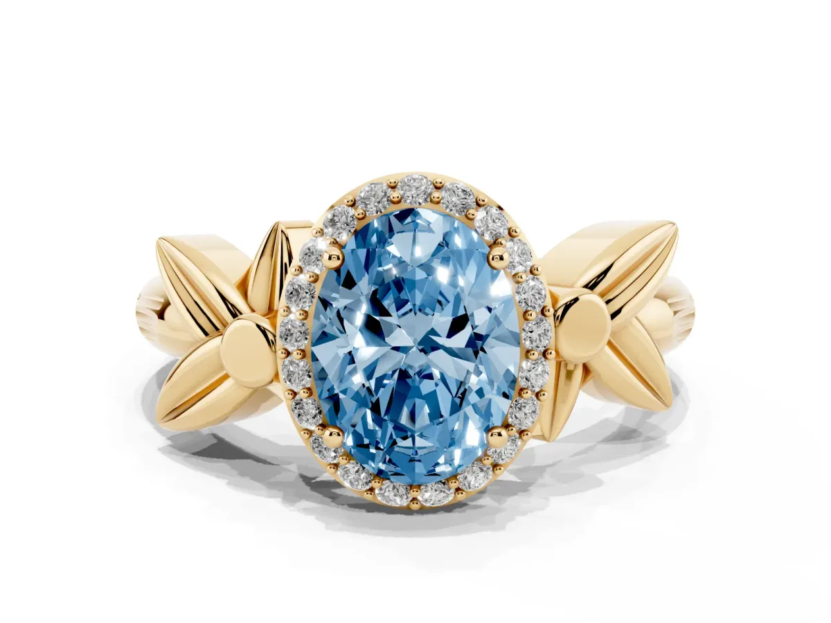 Fancy Blue Oval Cut Halo Diamond Floral Band with Four-Prong Setting Yellow gold