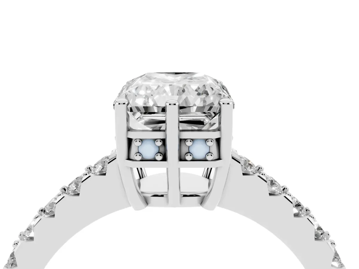 Radiant Cut Solitaire Diamond Engagement Ring with Pavé Band and Six-Prong Setting Silver