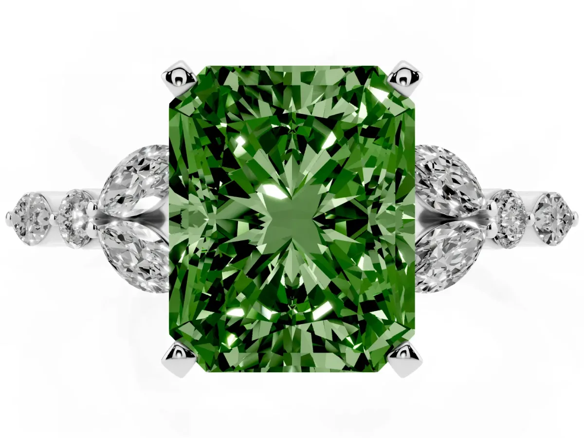 Fancy Green Radiant Cut Diamond Solitaire Ring with Side Stones and Four-Prong Setting Silver