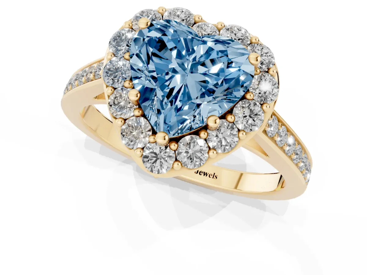 Fancy Blue Heart Cut Diamond Floral Halo Ring with Pavé Band and Prong Setting Yellow gold