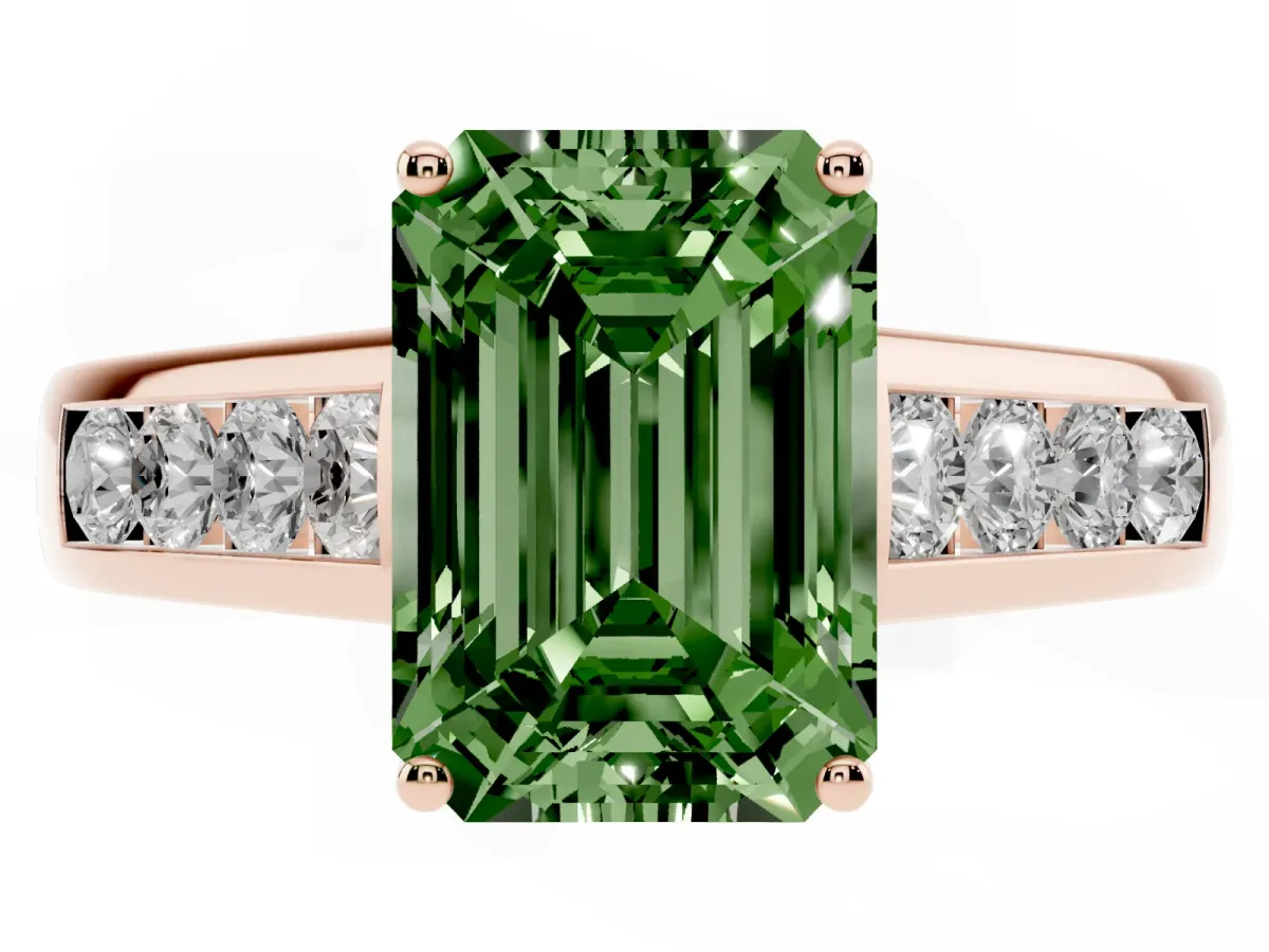 Fancy Green Emerald Cut Solitaire Channel-Set Diamond Engagement Ring with Four-Prong Setting Rose gold