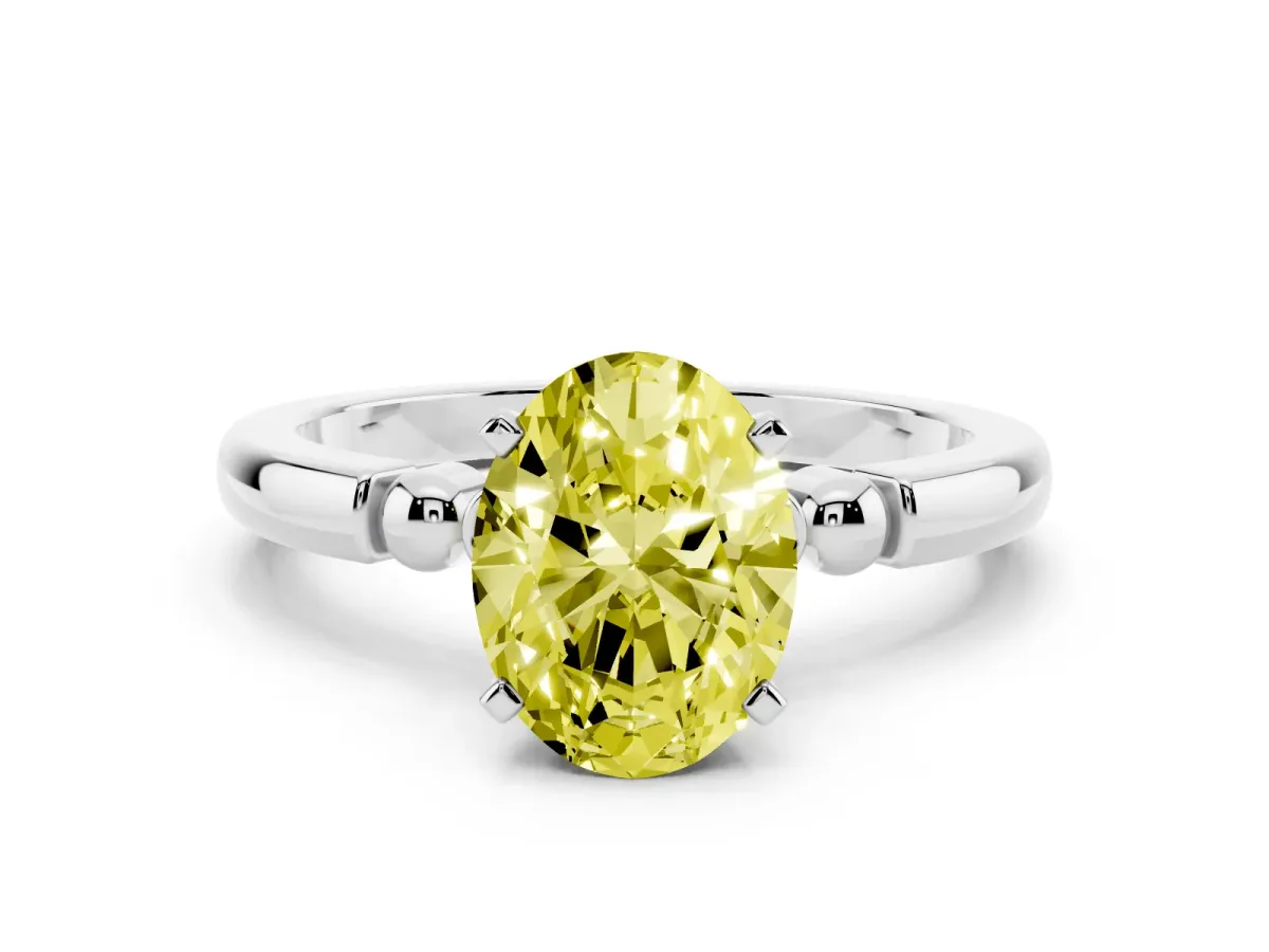 Fancy Yellow Oval Cut Solitaire Beaded Band with Four-Prong Setting Platinum
