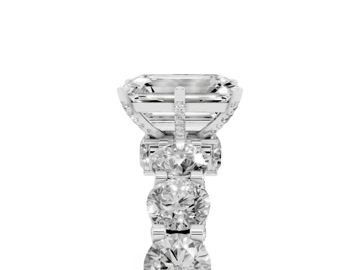 Emerald Cut Diamond Side Stone Engagement Ring with Four-Prong Setting Silver