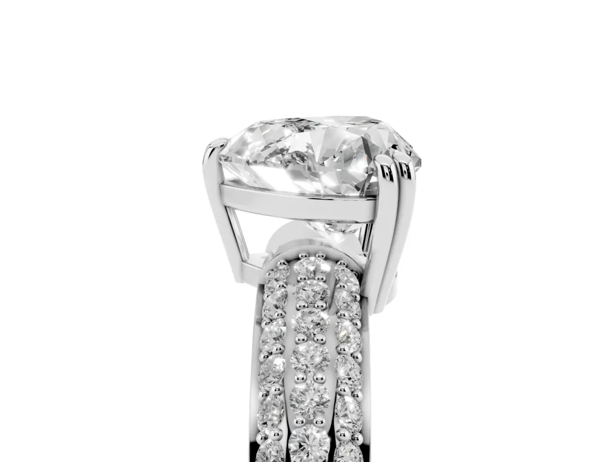 Heart Cut Diamond Solitaire Ring with Multi-Row Round Pavé Band and Prong Setting Silver