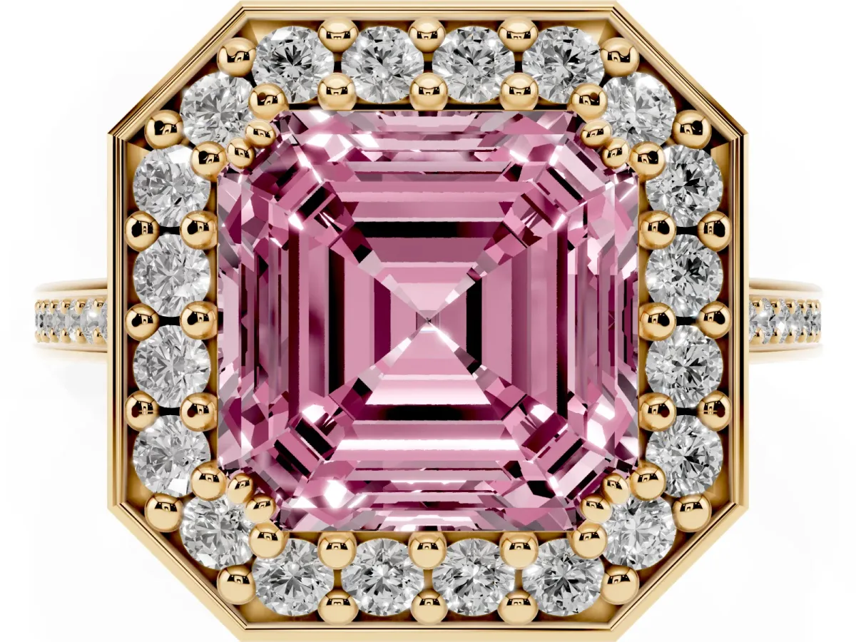 Fancy Pink Asscher Cut Diamond Halo Ring with Split Shank and Four-Prong Setting Yellow gold