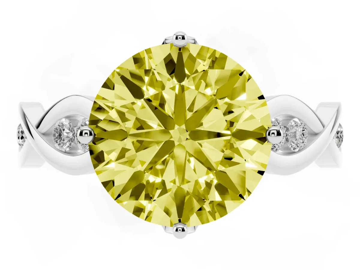Fancy Yellow Round Cut Solitaire Twist Band with Leaf Prong Setting Platinum