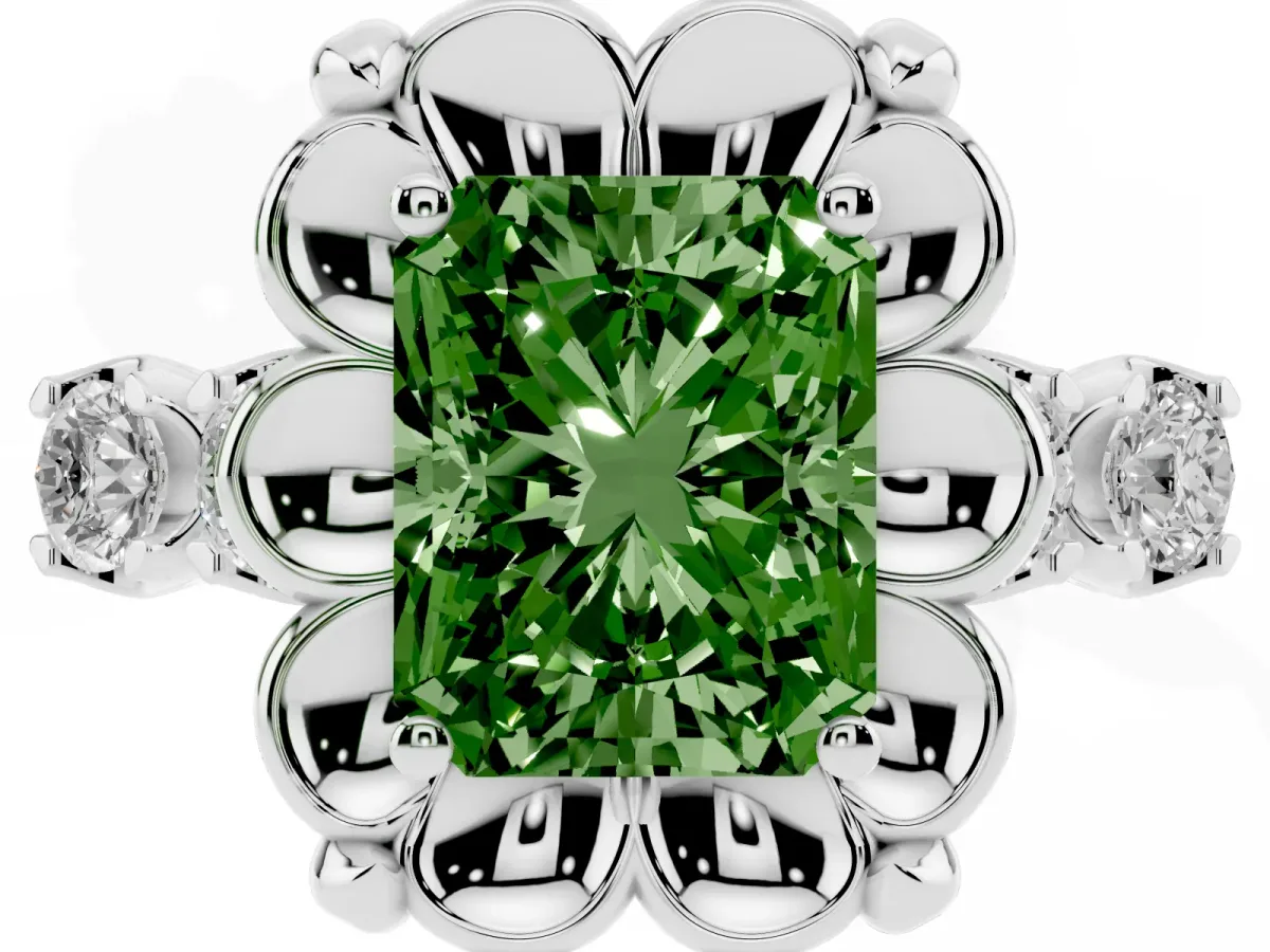 Fancy Green Radiant Cut Cut Diamond Floral Halo Engagement Ring with Shared Prong Setting White gold