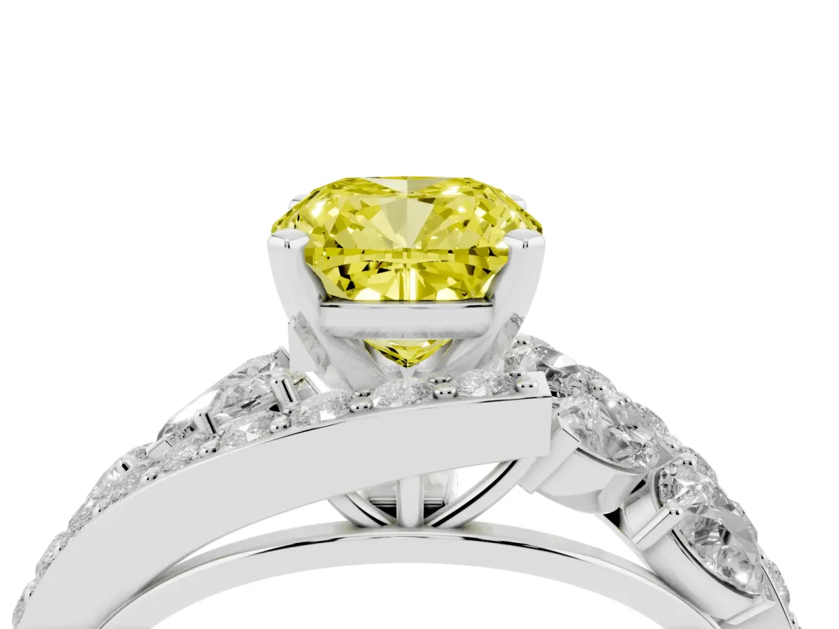Fancy Yellow Cushion Cut Diamond Halo Ring with Marquise and Pavé Band in Prong Setting Silver