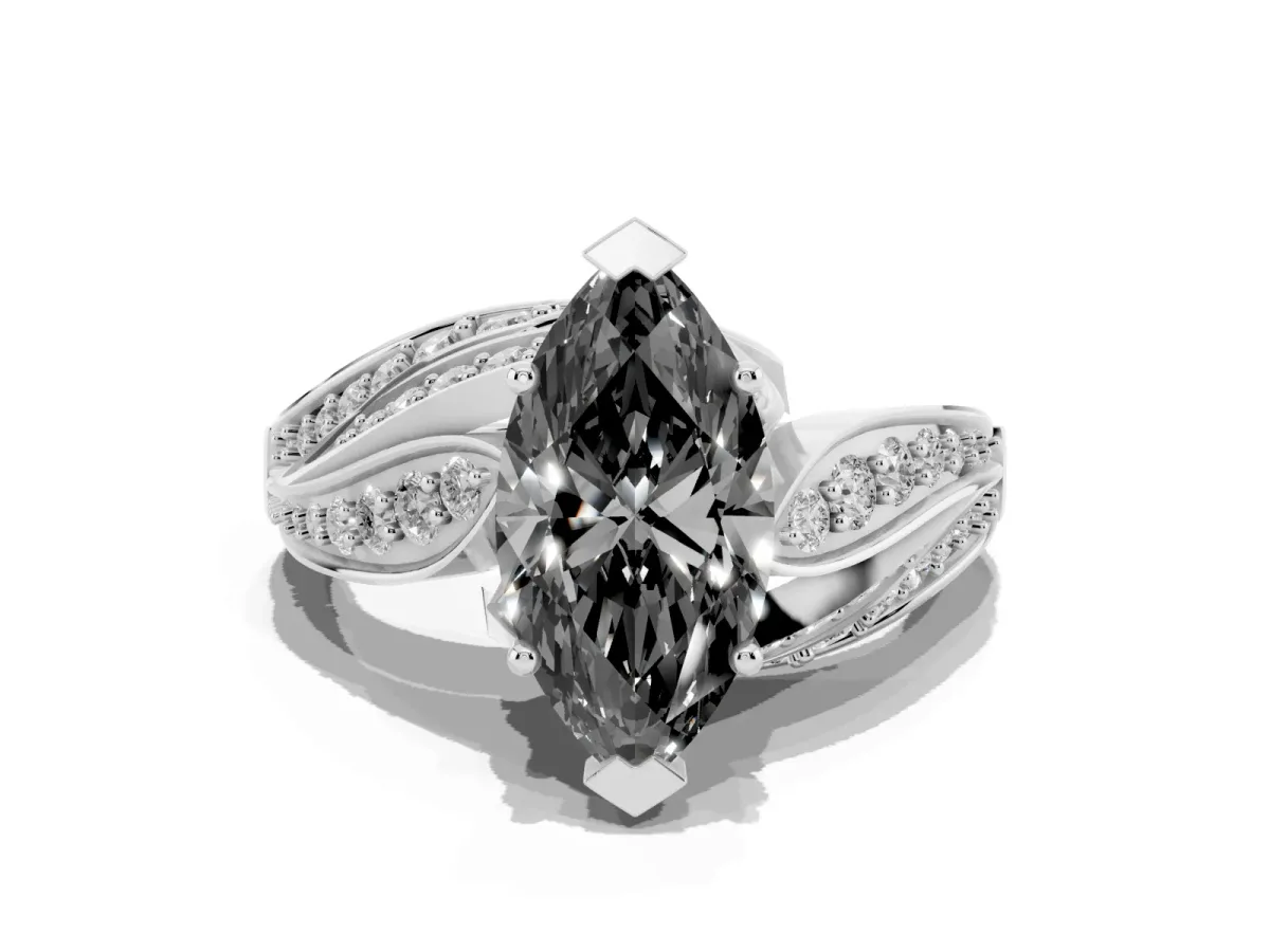 Fancy Black Marquise Cut Diamond Solitaire Ring with Prong Setting and Twisted Pavé Band Silver
