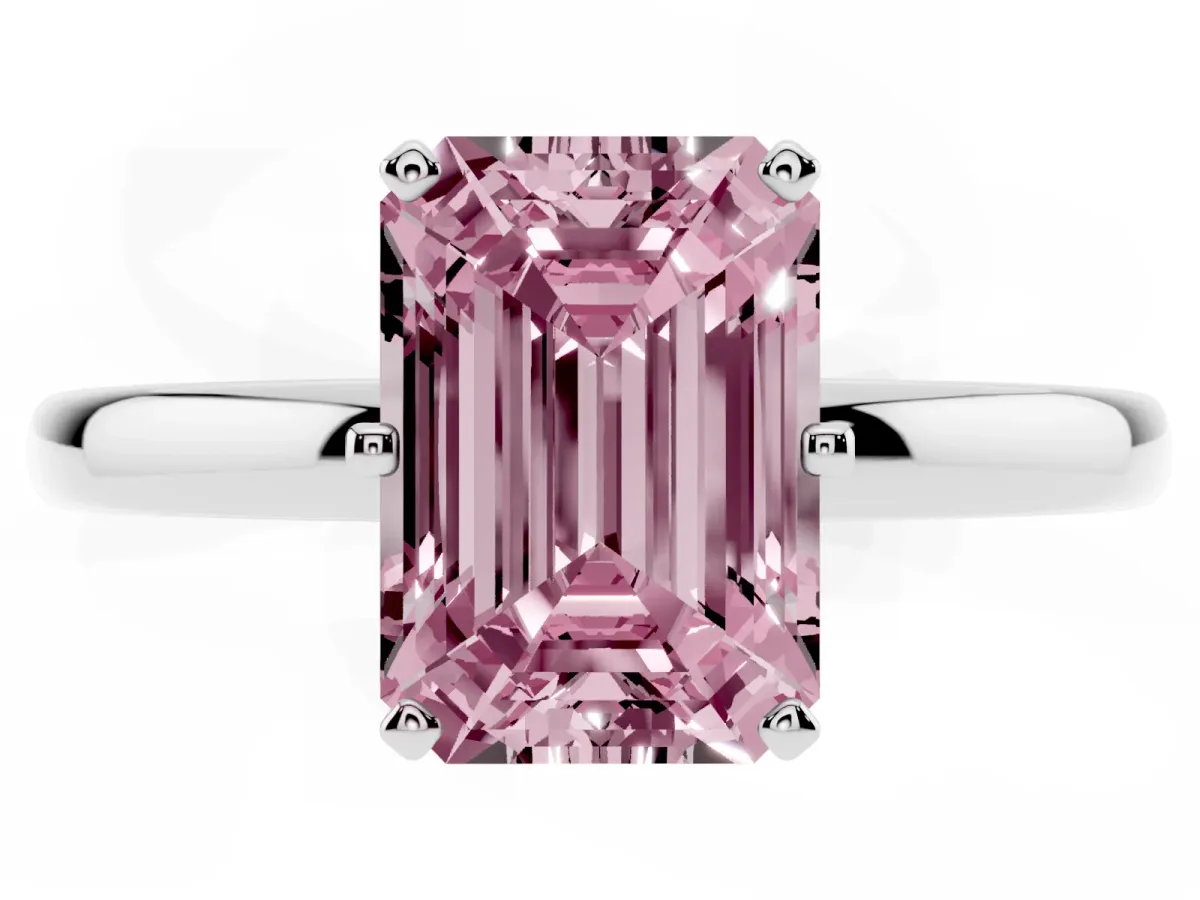 Fancy Pink Emerald Cut Solitaire Diamond Ring with Six-Prong Setting on a Classic Band Platinum
