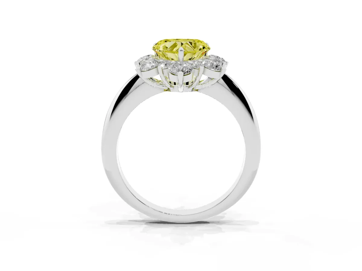 Fancy Yellow Heart Cut Diamond Cluster Halo Ring with Solitaire Band and Four-Prong Setting White gold