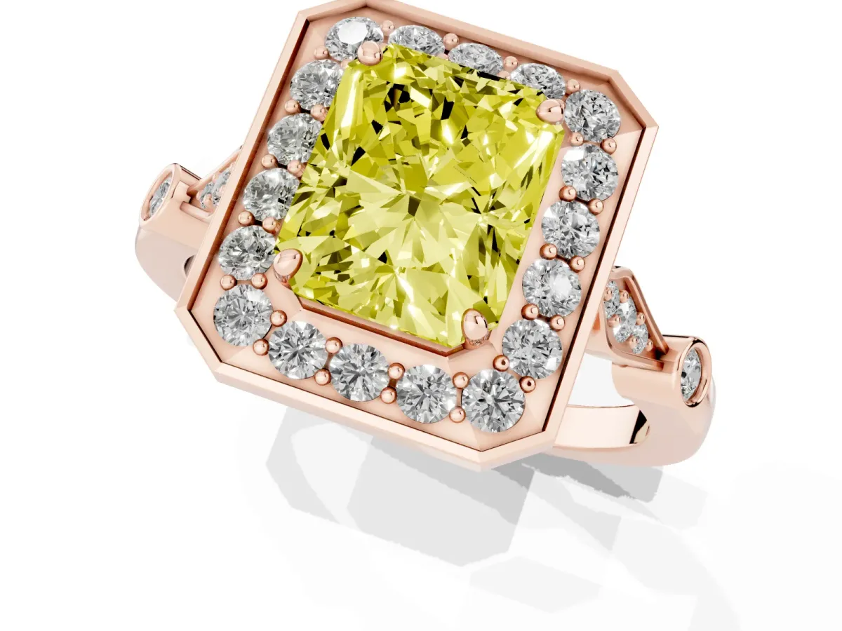 Fancy Yellow Radiant Cut Halo Diamond Engagement Ring with Twisted Band and Four-Prong Setting Rose gold