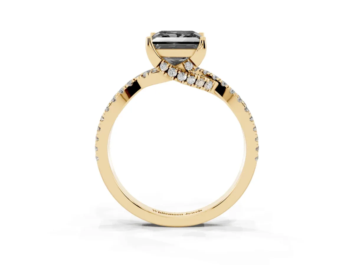 Fancy Black Princess Cut Solitaire Twist Pave Diamond Engagement Ring with Prong Setting Yellow gold