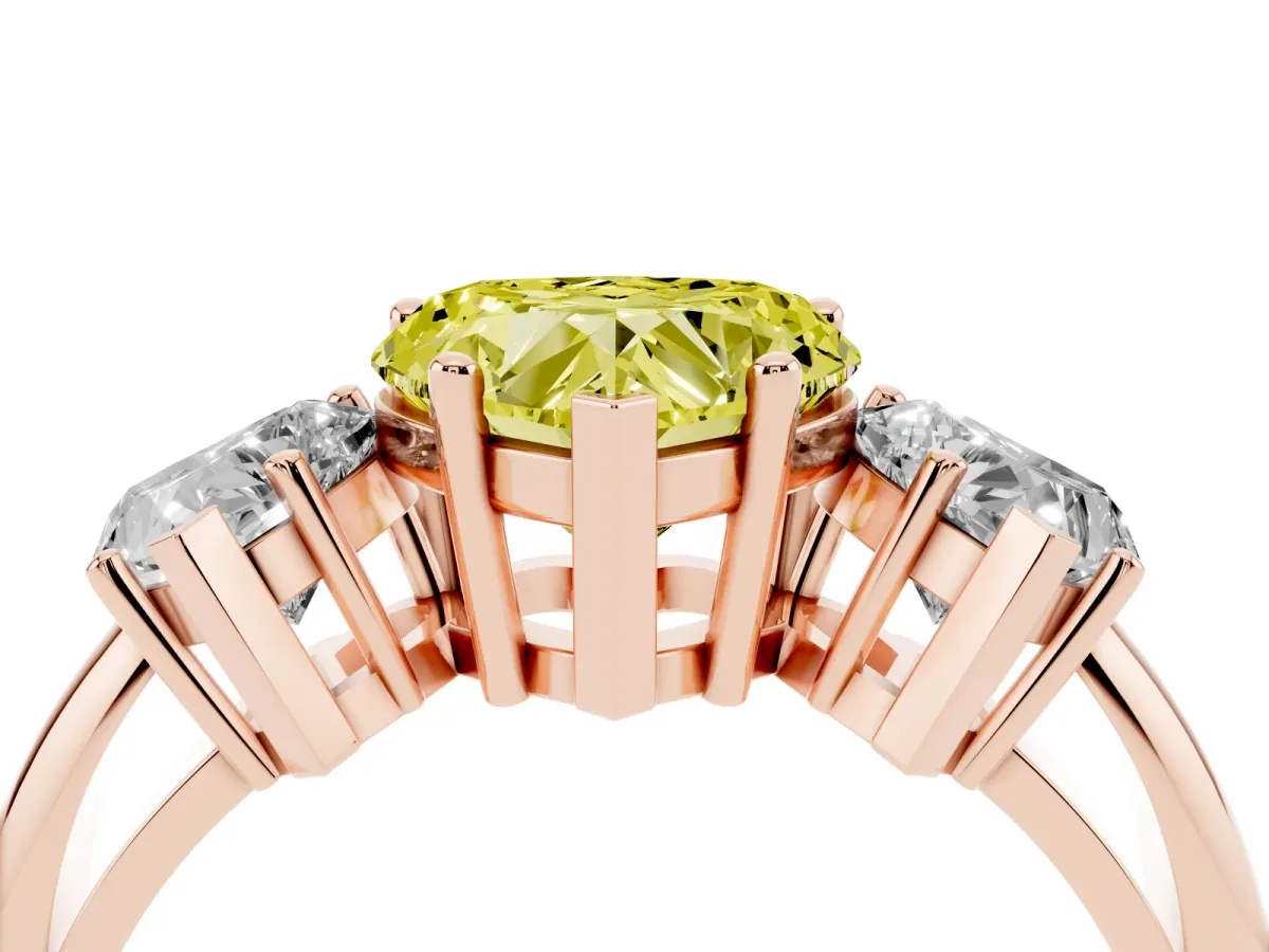 Fancy Yellow Three-Stone Heart Cut Cut Diamond Engagement Ring with Prong Setting on a White Gold Band Rose gold