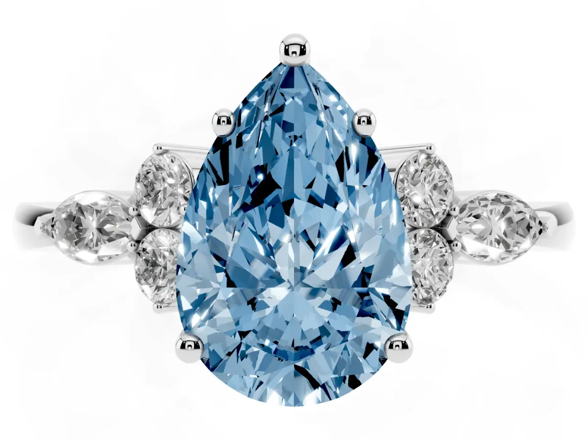 Fancy Blue Pear Cut Brilliant Diamond Solitaire Ring with Pear Side Stones and Four-Prong Setting Silver