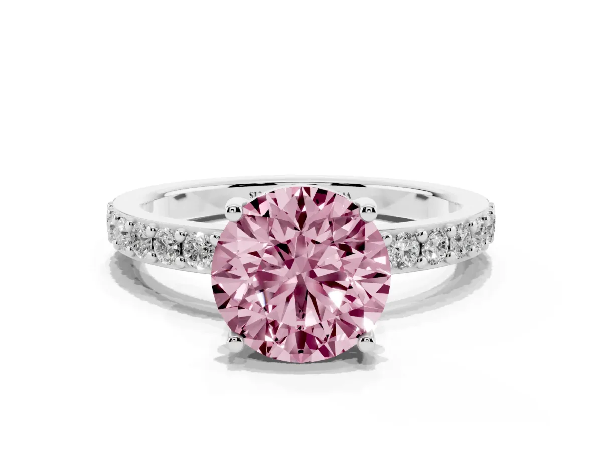 Fancy Pink Round Cut Cut Diamond Solitaire with Pave Band and Four-Prong Setting Silver