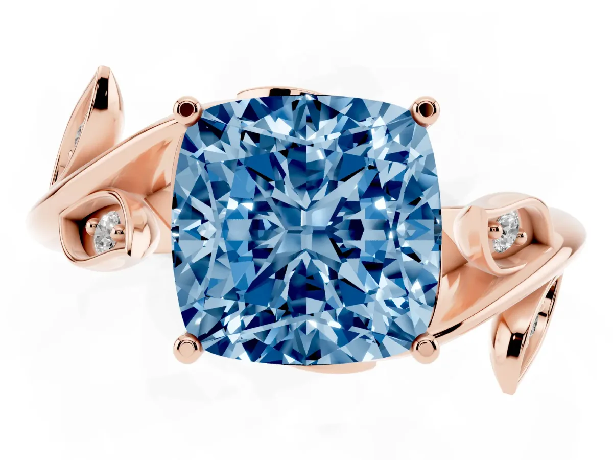 Fancy Blue Cushion Cut Solitaire Twist Engagement Ring with Leaf Accents and Prong Setting Rose gold