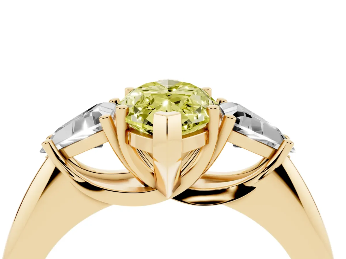 Fancy Yellow Three-Stone Marquise Cut Diamond Engagement Ring with Trillion Side Stones and Prong Setting Yellow gold