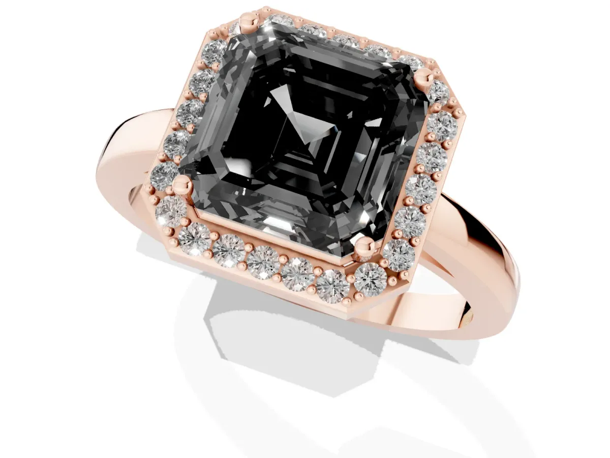 Fancy Black Asscher Cut Halo Diamond Ring with Solitaire Band and Prong Setting Rose gold