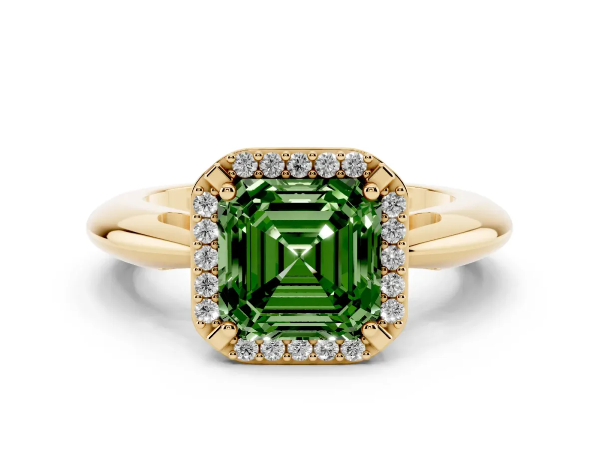 Fancy Green Asscher Cut Cut Diamond Halo Engagement Ring with Split Shank and Four-Prong Setting Yellow gold