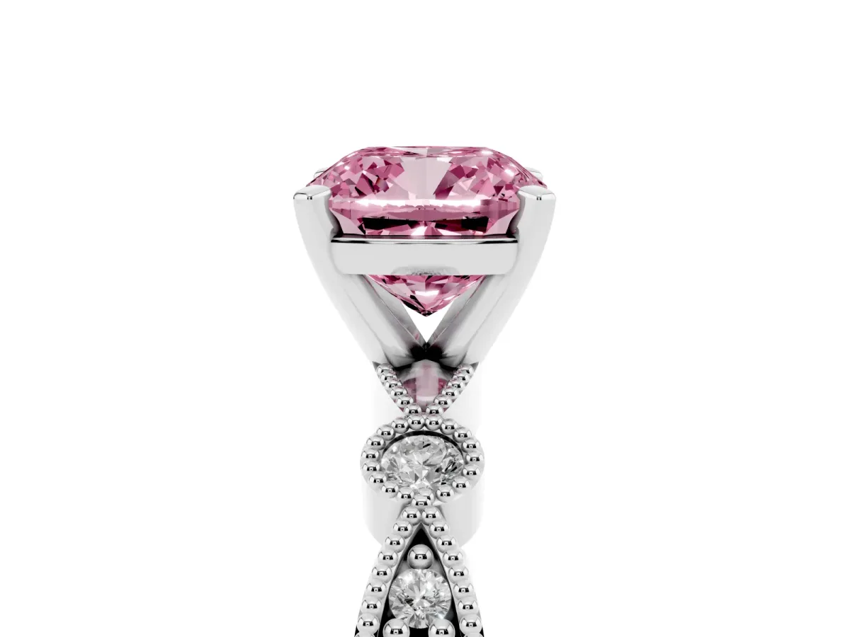 Fancy Pink Cushion Cut Milgrain Bezel Diamond Engagement Ring with Solitaire Prong Setting Silver