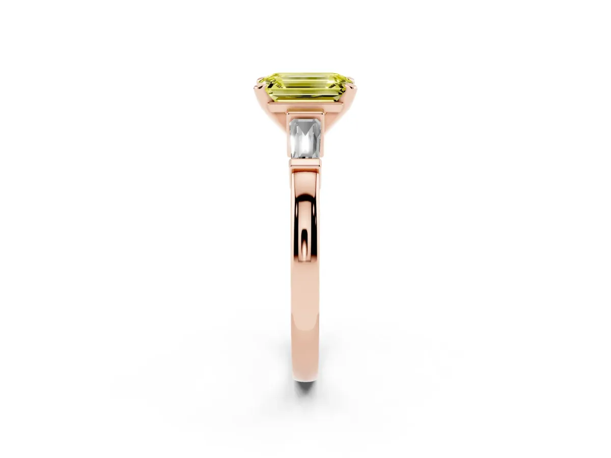 Fancy Yellow Emerald Cut Cut Diamond Solitaire Ring with Tapered Baguette Accents and Four-Prong Setting Rose gold