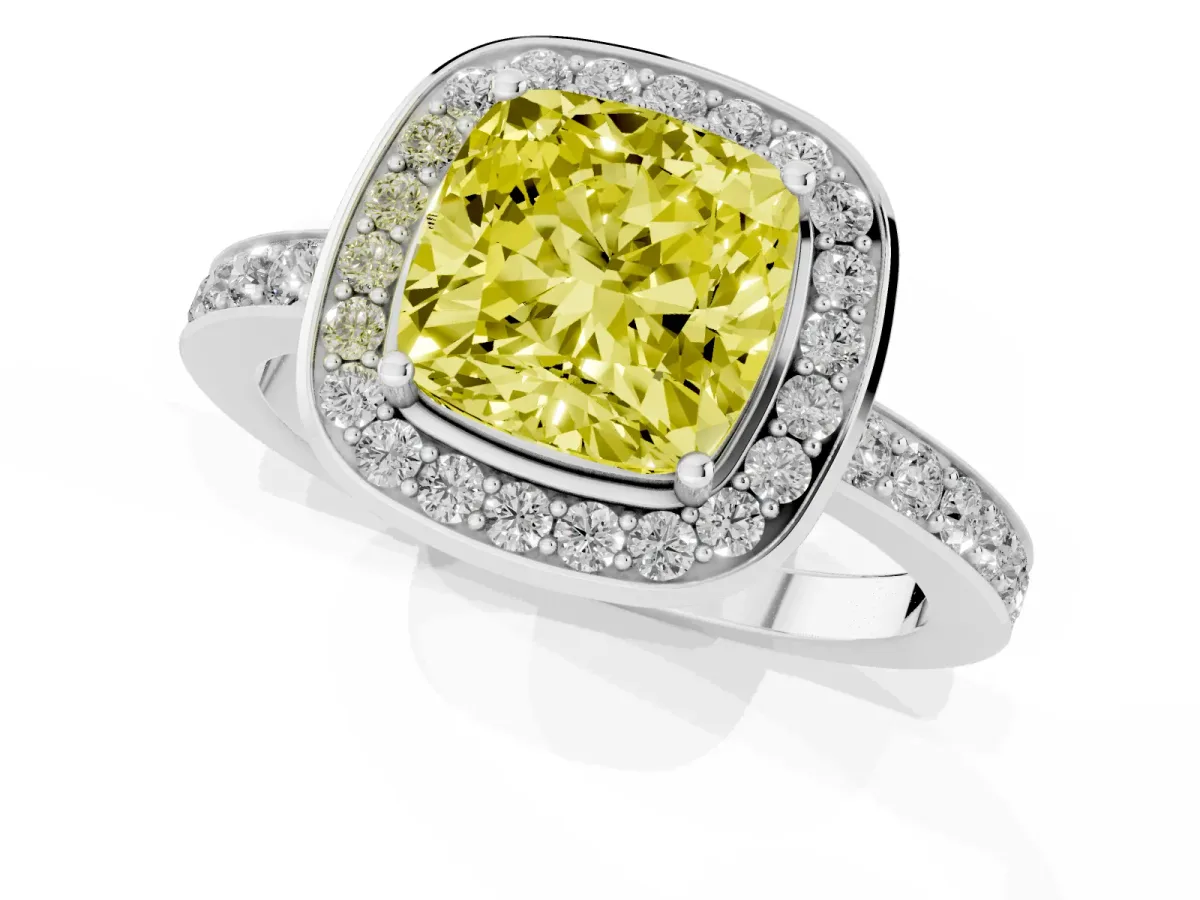 Fancy Yellow Cushion Cut Diamond Halo Ring with Bezel Frame and Pavé Band Silver