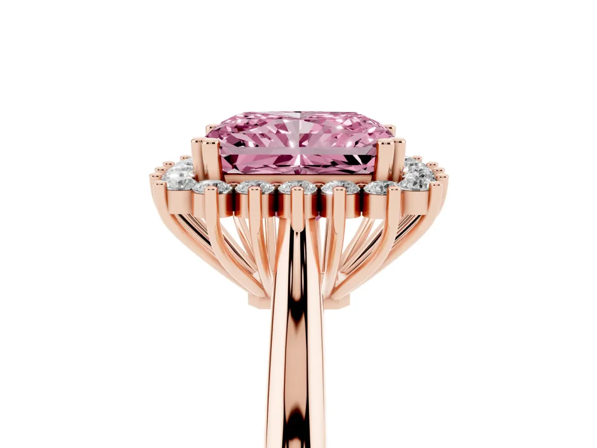 Fancy Pink Radiant Cut Cut Diamond Halo Ring with Solitaire Band and Prong Setting Rose gold