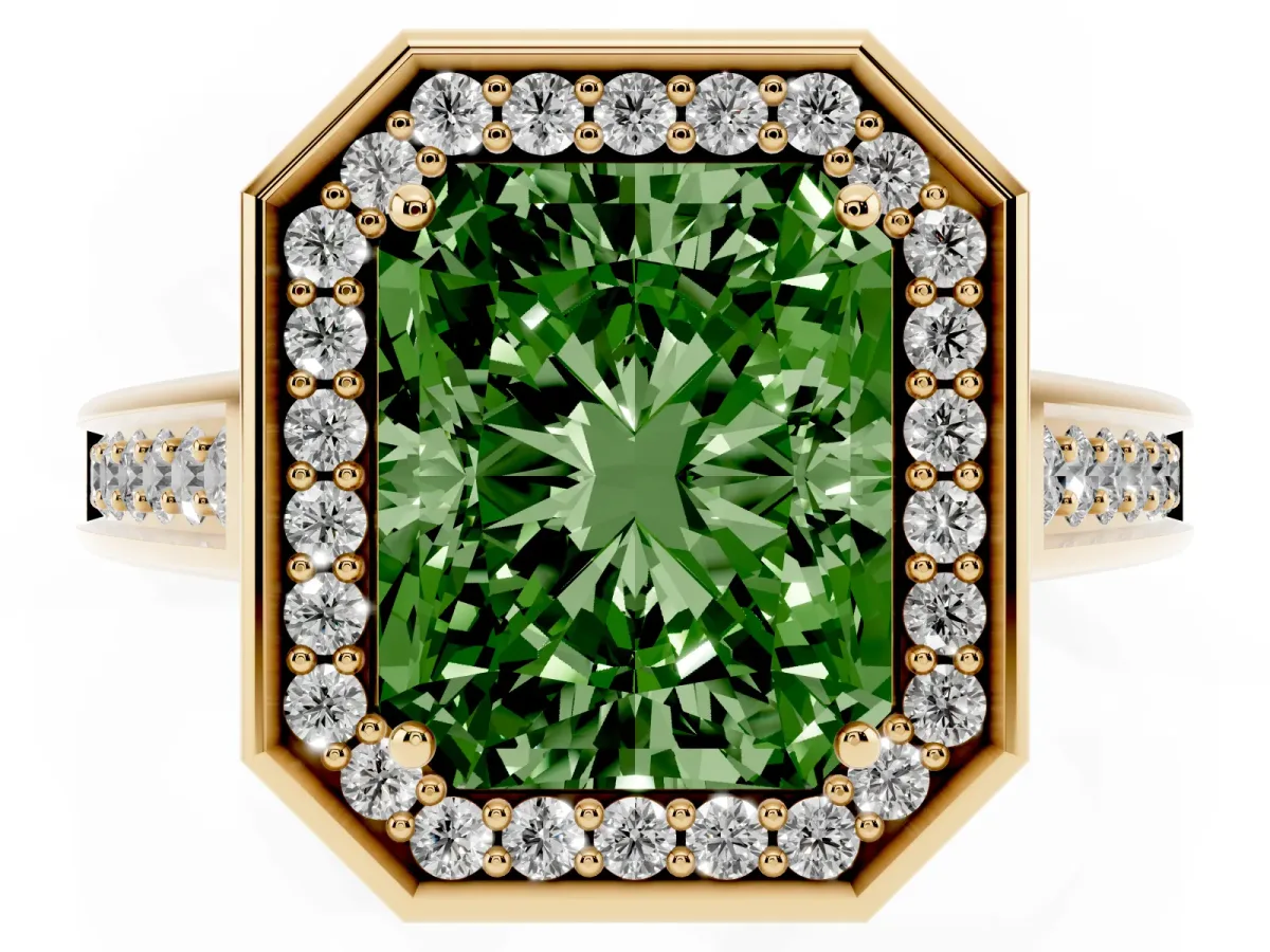Fancy Green Emerald Cut Halo Solitaire Diamond Ring with Pave Band and Bezel Setting Yellow gold