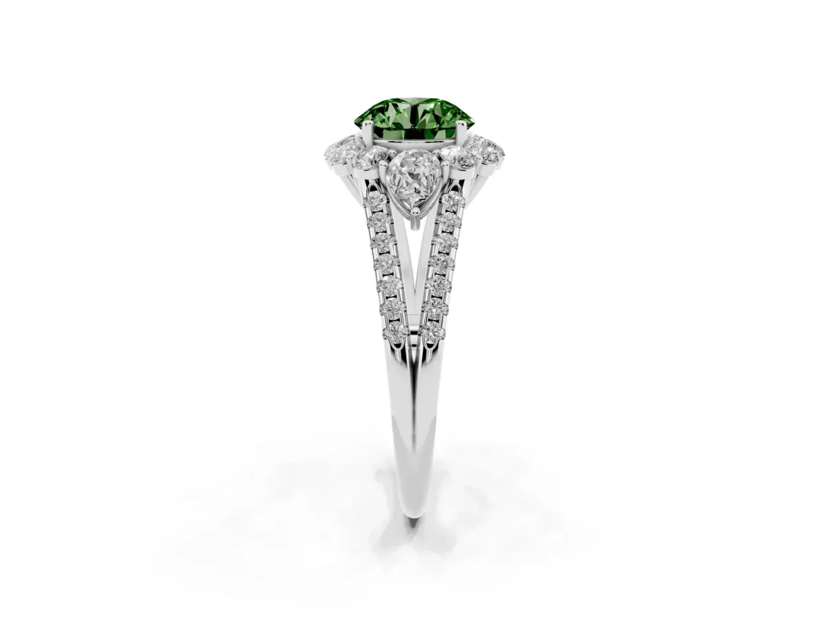 Fancy Green Round Cut Halo Split Shank Diamond Engagement Ring with Prong Setting Silver