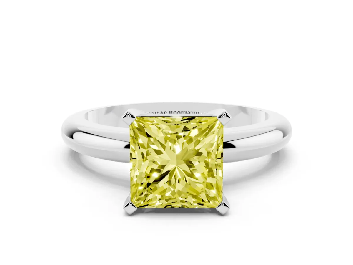 Fancy Yellow Princess Cut Diamond Solitaire Engagement Ring with Round Band and Four-Prong Setting Platinum