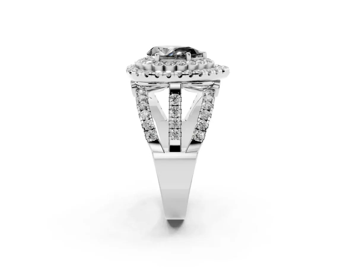 Fancy Black Pear Cut Diamond Double Halo Ring with Round Pavé Split Shank and Prong Setting Silver