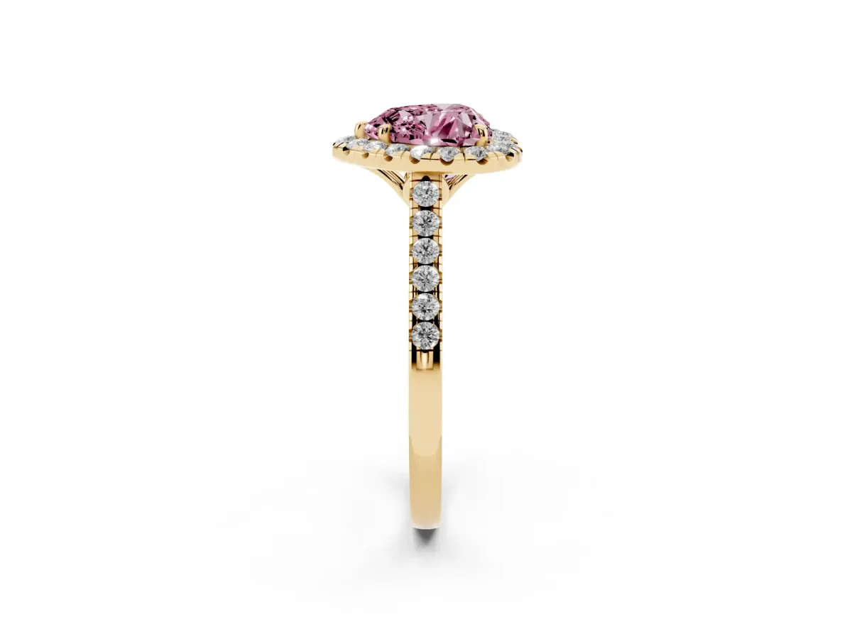 Fancy Pink Heart Cut Halo Pavé Diamond Engagement Ring with Four-Prong Setting Yellow gold