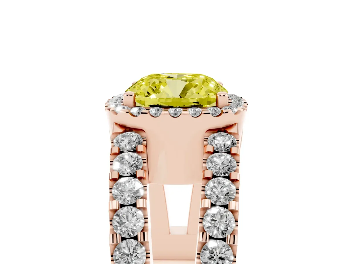 Fancy Yellow Cushion Cut Cut Halo Split Shank Diamond Ring with Four-Prong Setting Rose gold