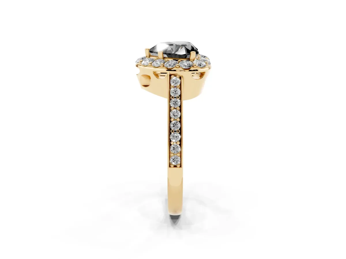 Fancy Black Heart Cut Diamond Floral Halo Ring with Pavé Band and Prong Setting Yellow gold