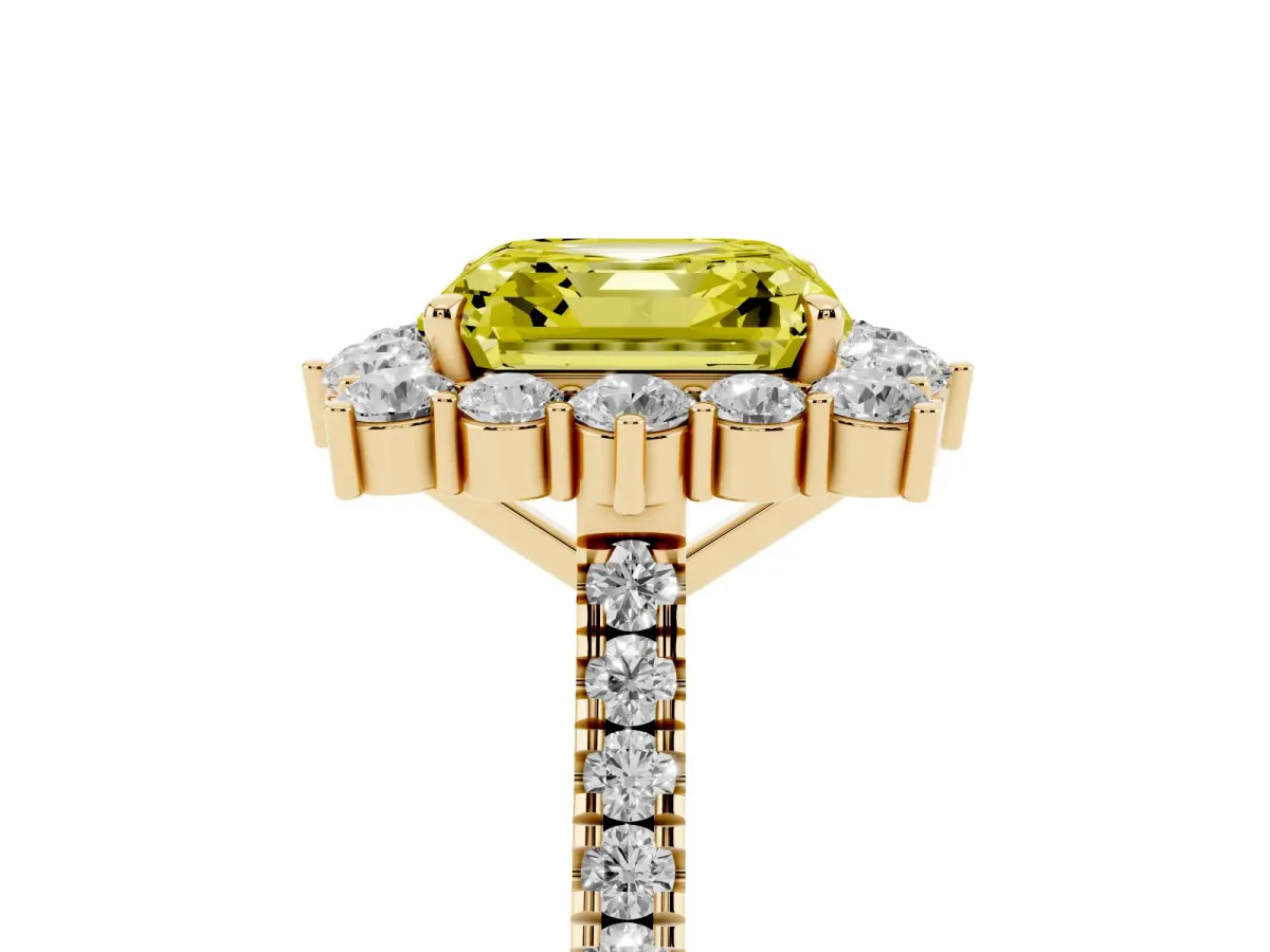 Fancy Yellow Asscher Cut Halo Diamond Ring with Pavé Band and Prong Setting Yellow gold
