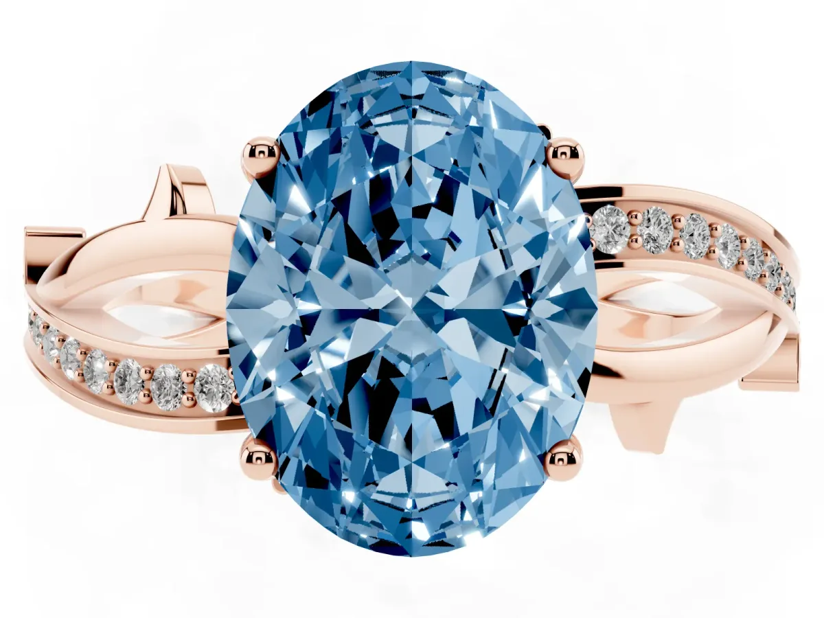 Fancy Blue Oval Cut Solitaire Twist Band with Pavé Accents and Four-Prong Setting Rose gold