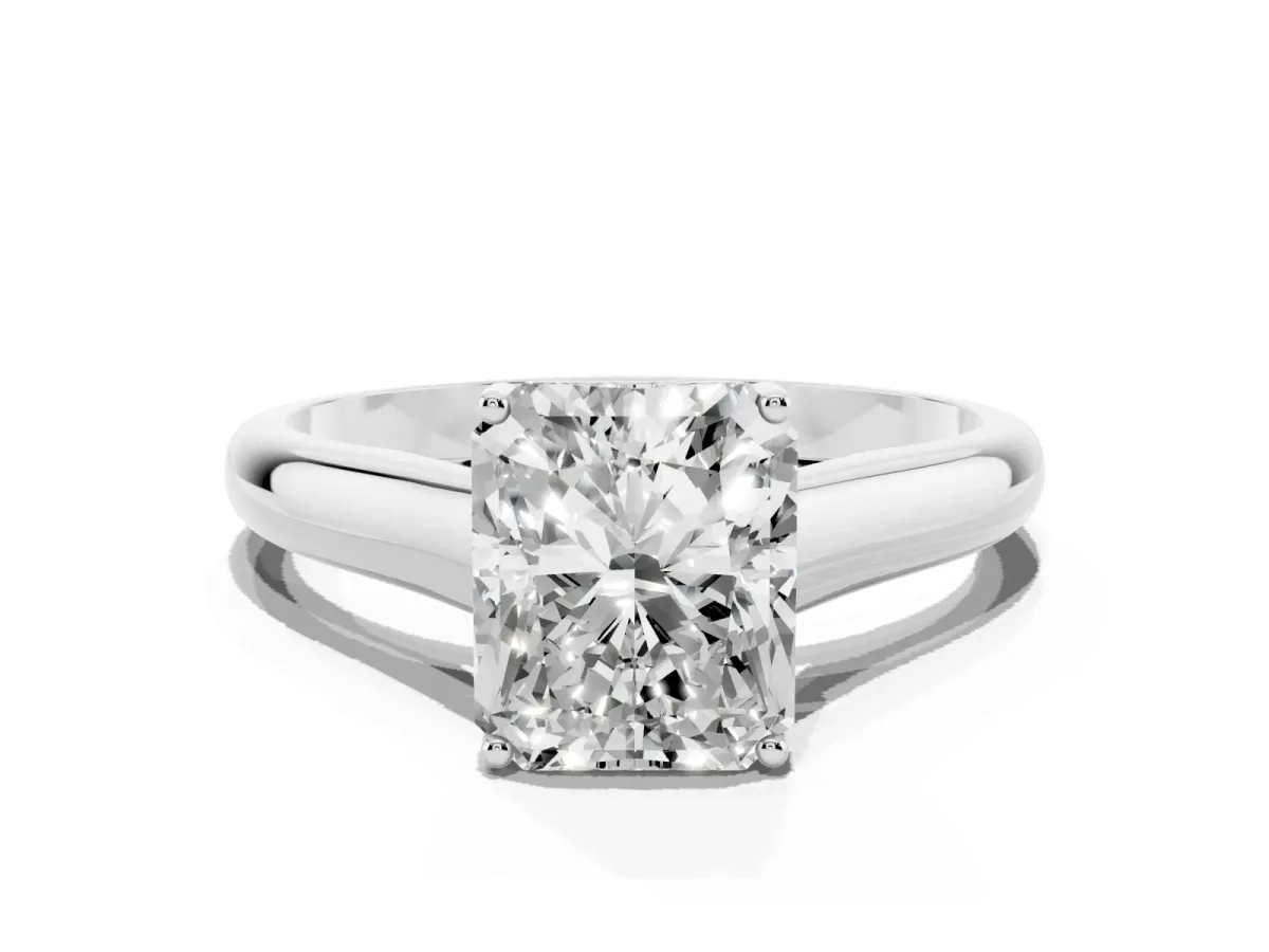 Radiant Cut Solitaire Engagement Ring with Tapered Band and Four-Prong Setting White gold