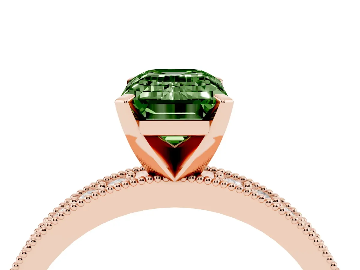Fancy Green Emerald Cut Diamond Milgrain Pavé Engagement Ring with Four-Prong Setting Rose gold