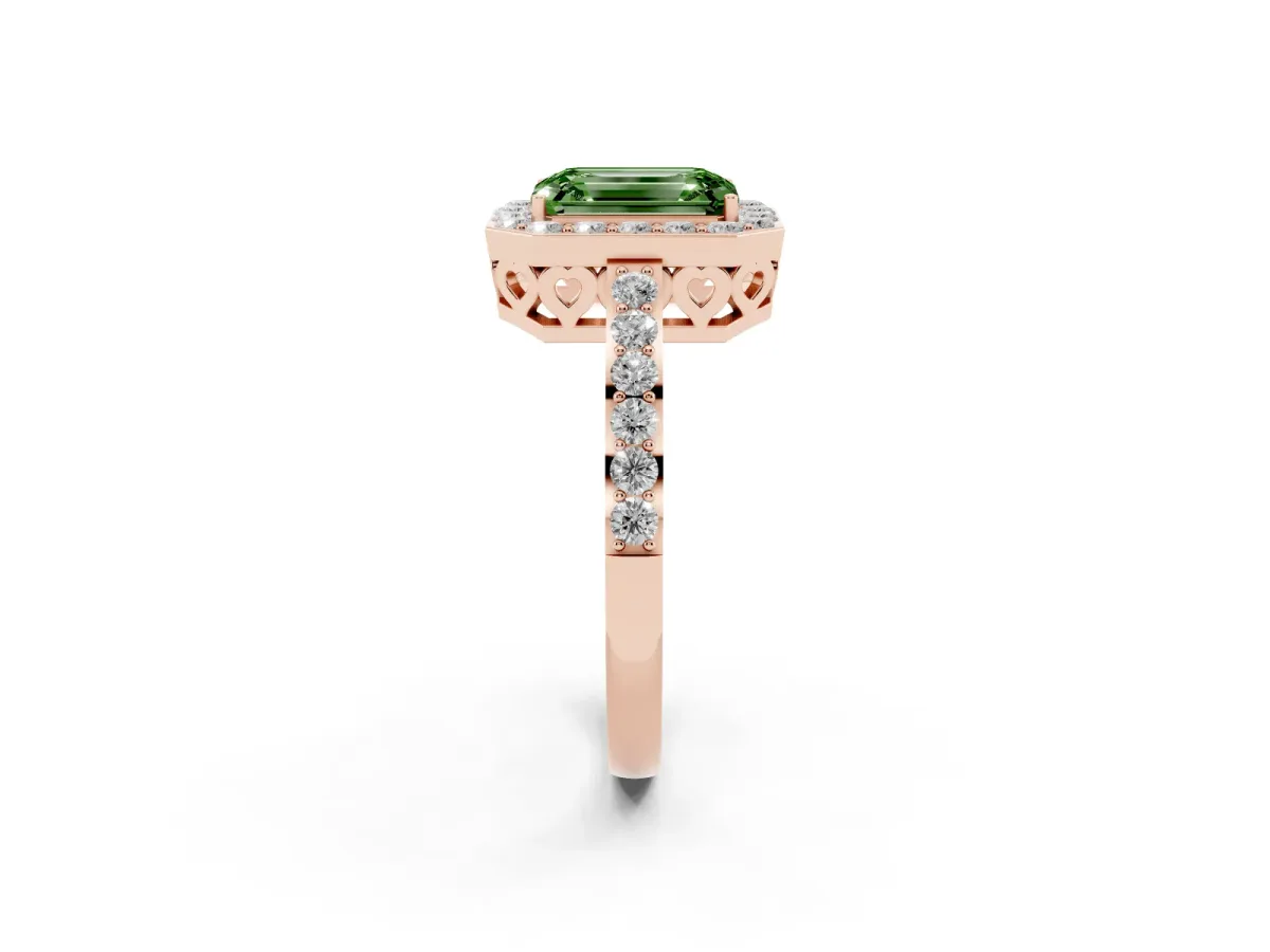 Fancy Green Emerald Cut Halo Diamond Pavé Band Ring with Prong Setting Rose gold