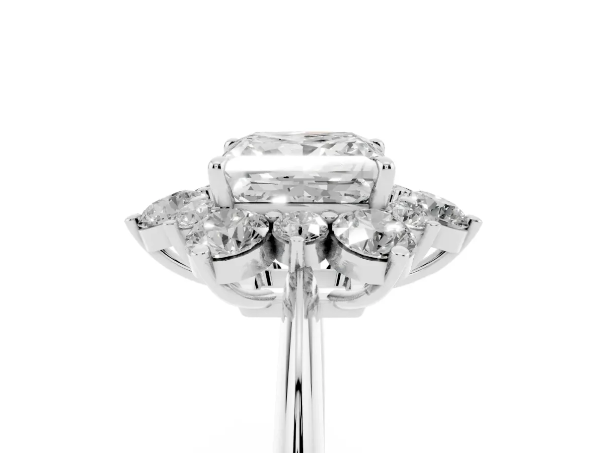 Princess Cut Diamond Cluster Halo Ring with Solitaire Band and Four-Prong Setting Silver