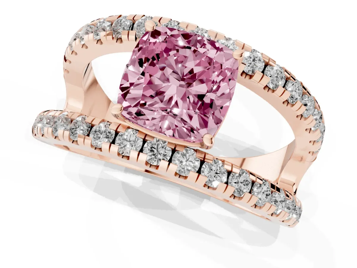 Fancy Pink Cushion Cut Solitaire Split Shank Pave Diamond Ring Rose gold