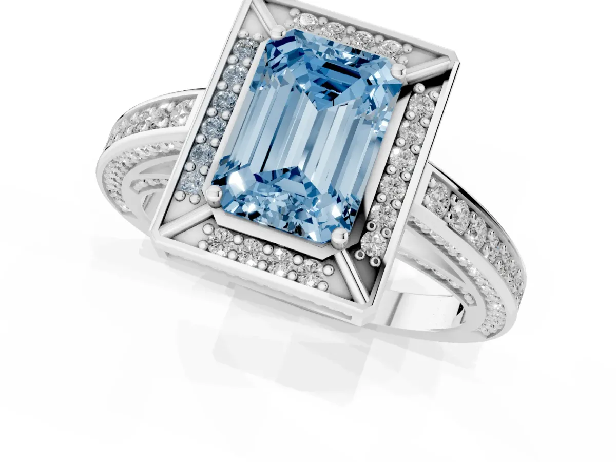 Fancy Blue Emerald Cut Cut Halo Pave Split Shank Prong Setting Ring Platinum