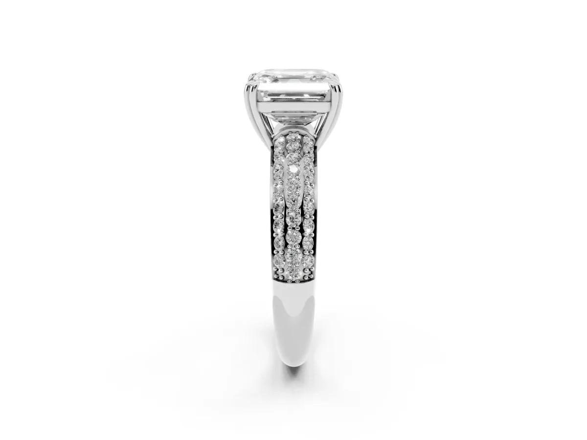 Asscher Cut Diamond Solitaire Ring with Multi-Row Round Pavé Band and Prong Setting Silver