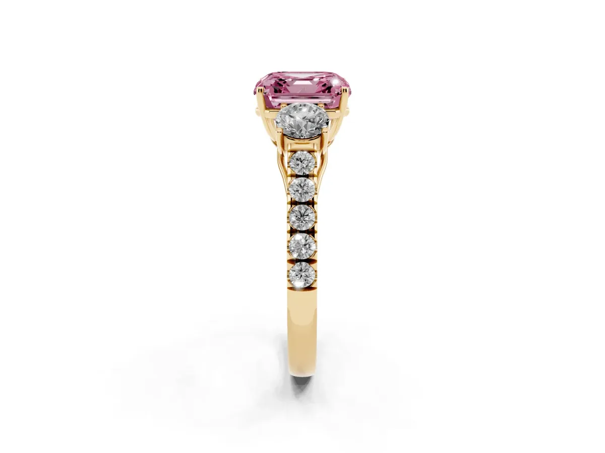 Fancy Pink Asscher Cut Cut Diamond Three-Stone Ring with Round Side Stones and Pavé Band Yellow gold