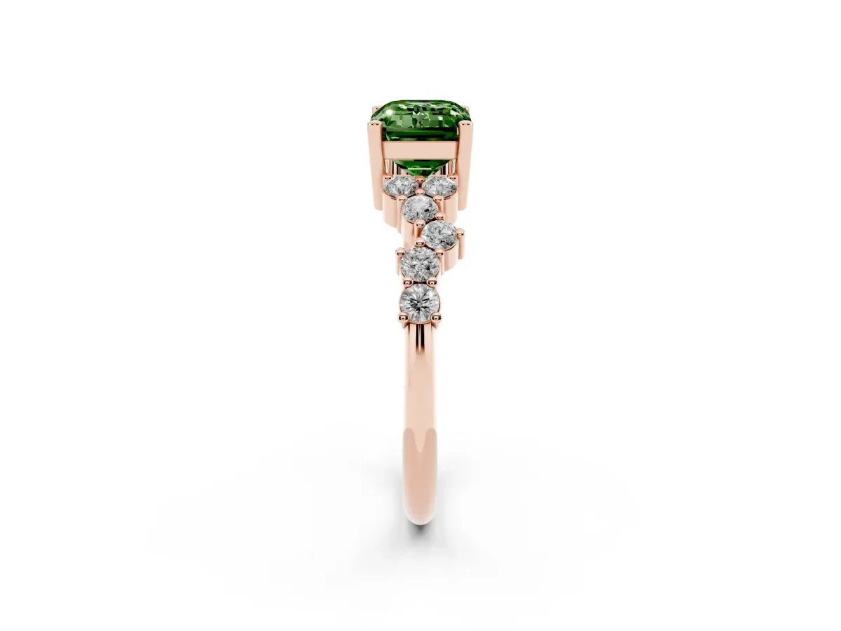 Fancy Green Emerald Cut Diamond Scattered Round Accent Ring with Prong Setting Rose gold