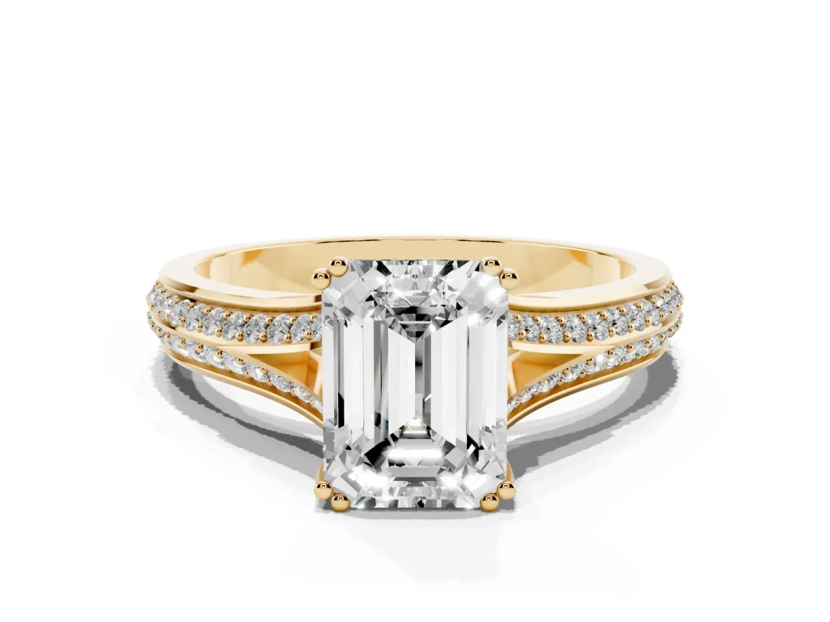 Emerald Cut Diamond Split Shank Engagement Ring with Pavé Band Yellow gold