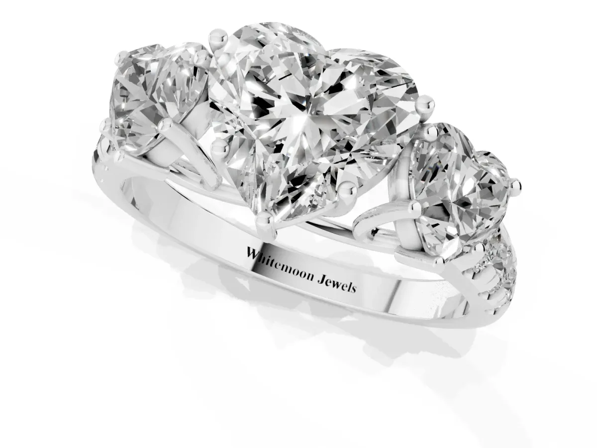 Three-Stone Heart Cut Diamond Pavé Band with Prong Setting Platinum