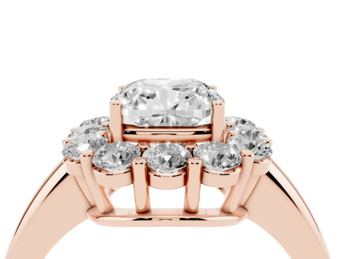 Cushion Cut Halo Cluster Diamond Engagement Ring with Prong Setting and Polished Band Rose gold